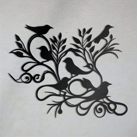 枝に唐草模様の鳥のメタルウォールアート
