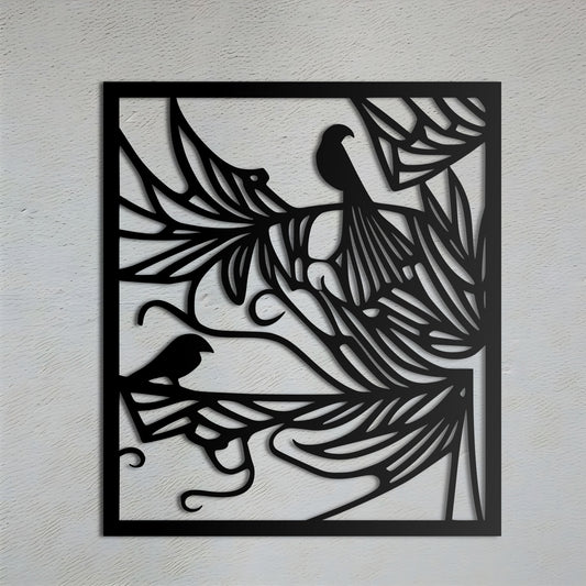 アールヌーボー様式の枝に止まった鳥のメタルウォールアート