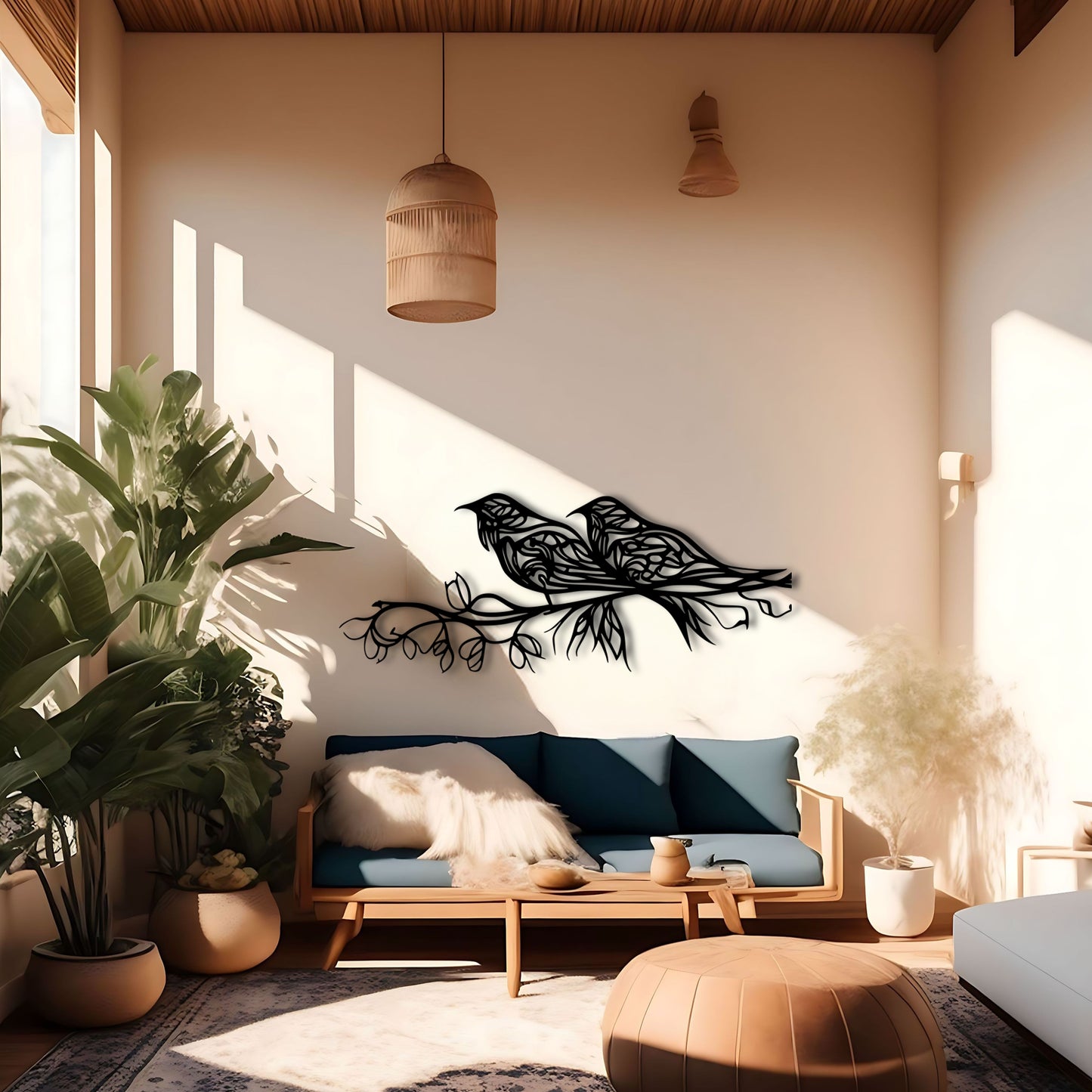 אומנות עממית ציפורים על ענף - עיצוב קיר אלגנטי ונצחי