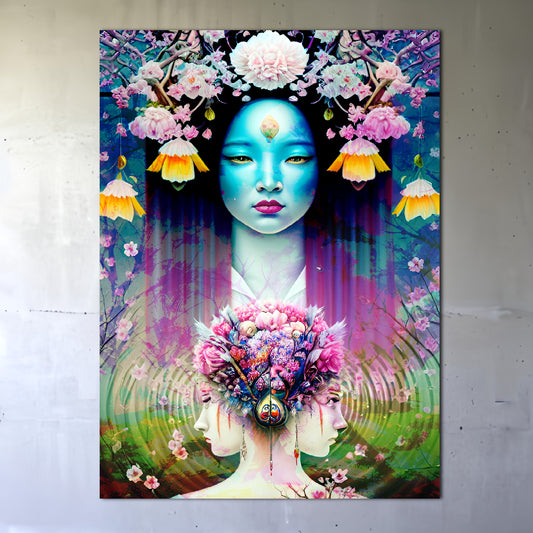 Goddess of Symmetry Woman with Flowers Metal Poster