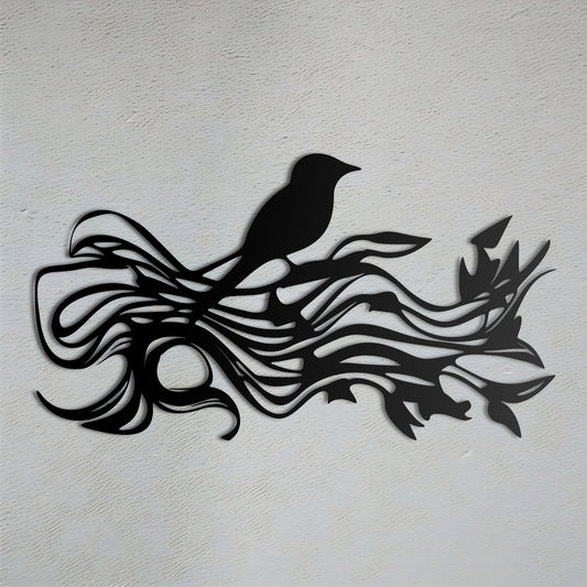 Silhouette of a Bird on a Branch - Art Nouveau Metal Wall Art
