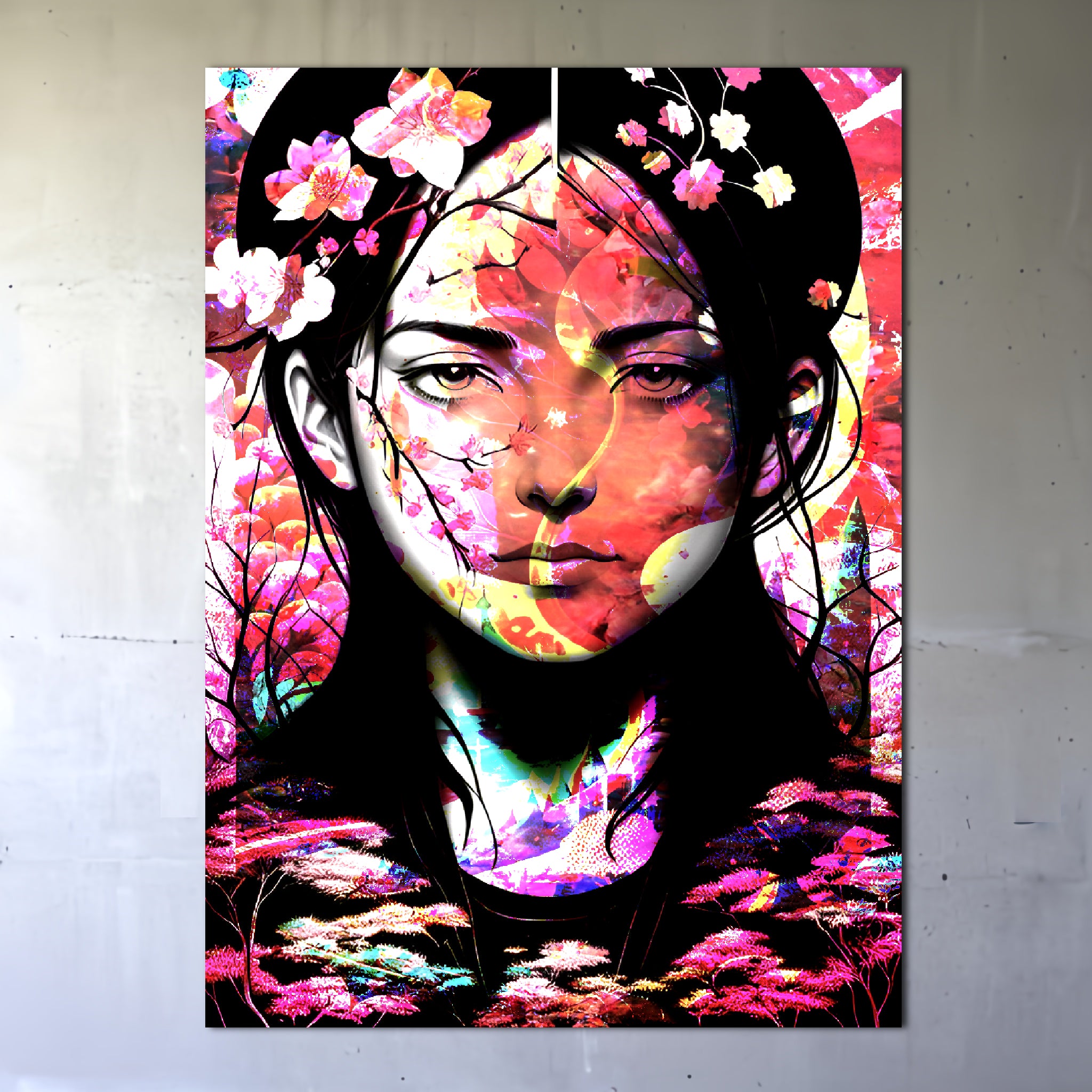 Symmetric Blooms Colorful Cyberpunk Art Metal Poster – wallartpeople