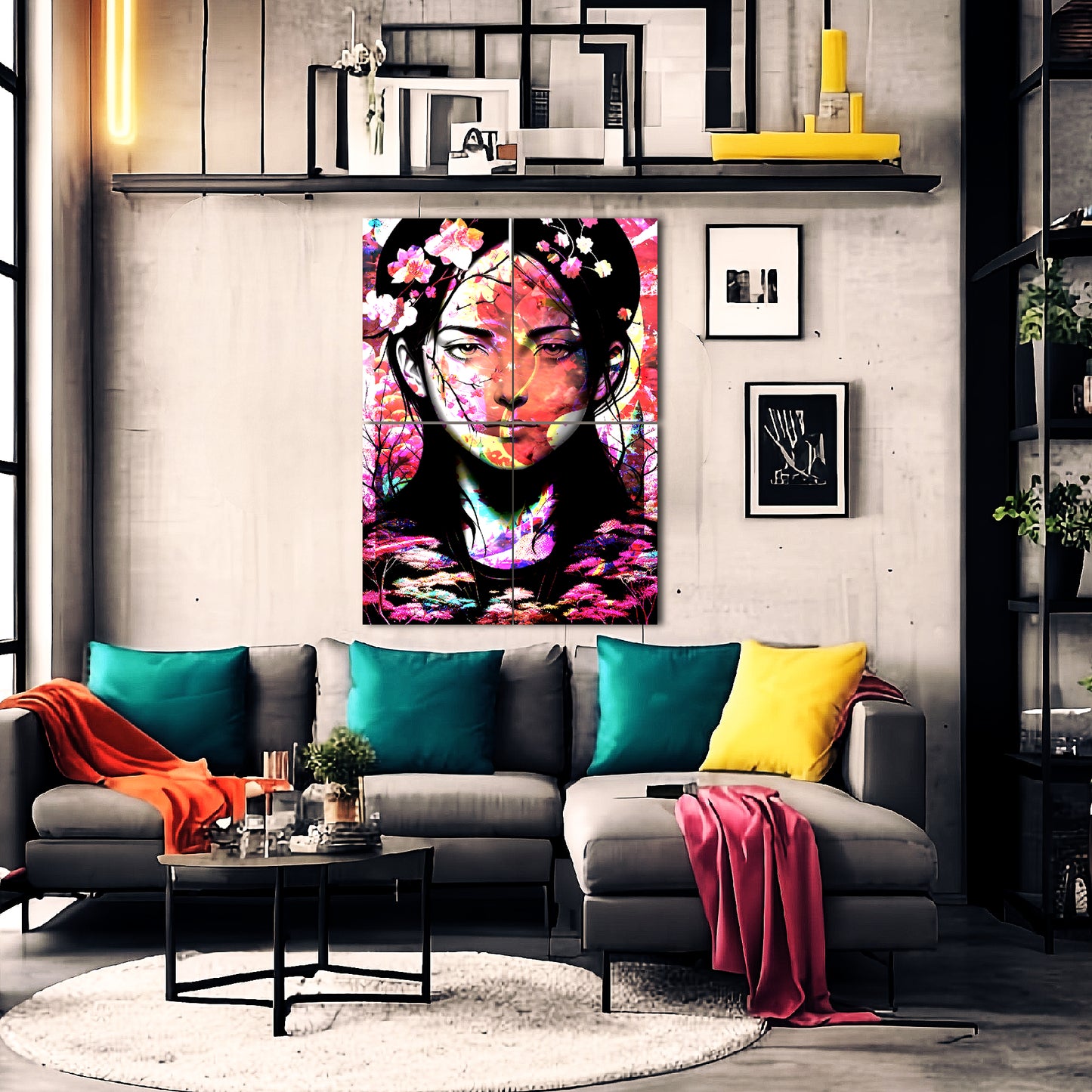 Symmetric Blooms Colorful Cyberpunk Art Metal Poster