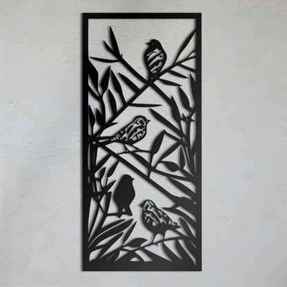 Tribal Bamboo Birds on Tree Branch Metal Wall Art