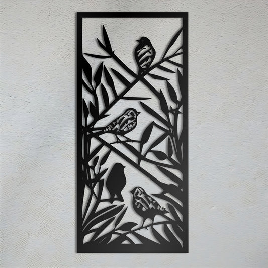 ציפורי במבוק שבטיות על ענף עץ אמנות קיר מתכת