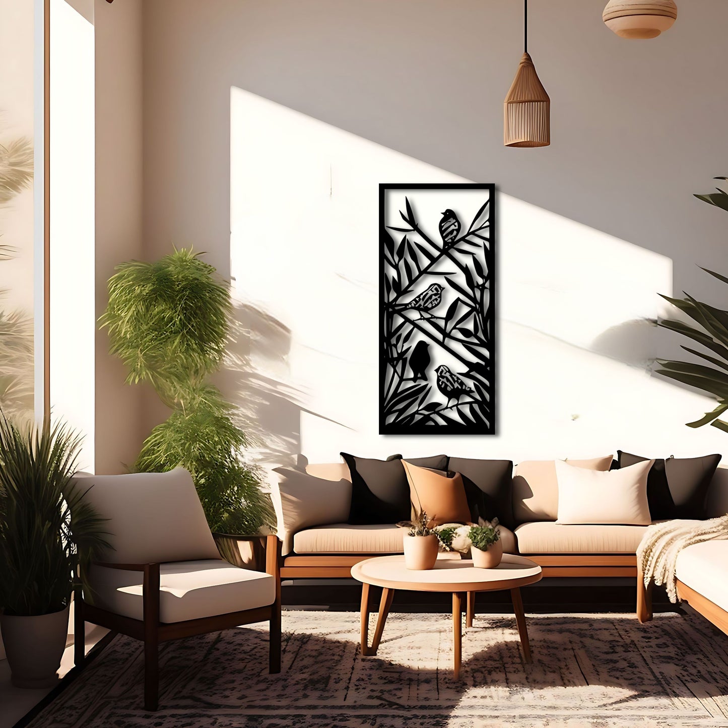 Tribal Bamboo Birds on Tree Branch Metal Wall Art