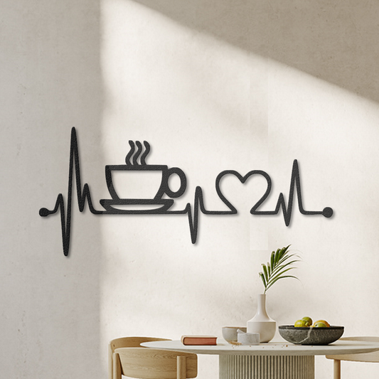 קפה עם פעימות לב מתכת אמנות קיר