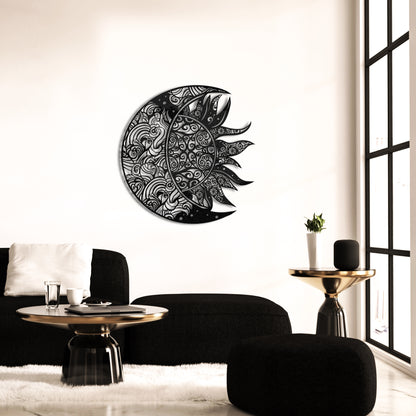 Décoration murale en métal avec mandala soleil et lune complexe