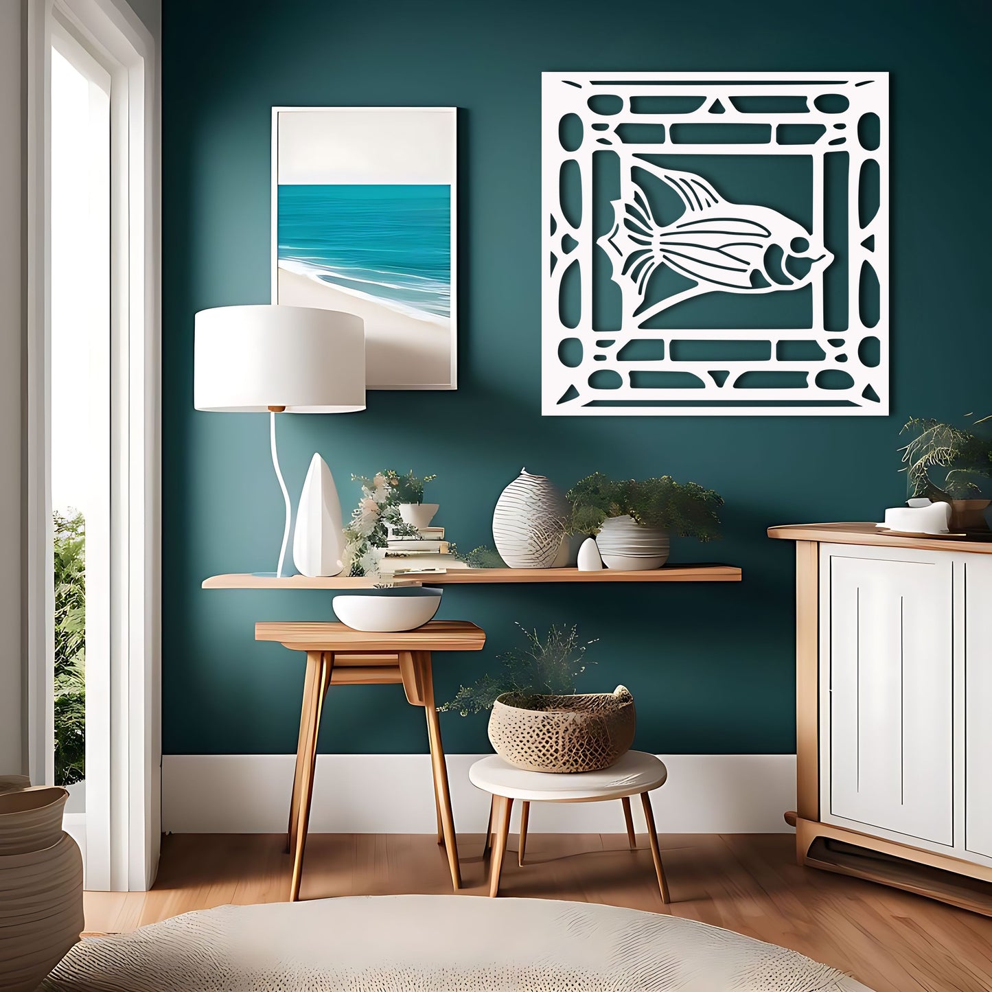 Art Deco Fish in Square Border - Perfect Gift for Fishing Lovers