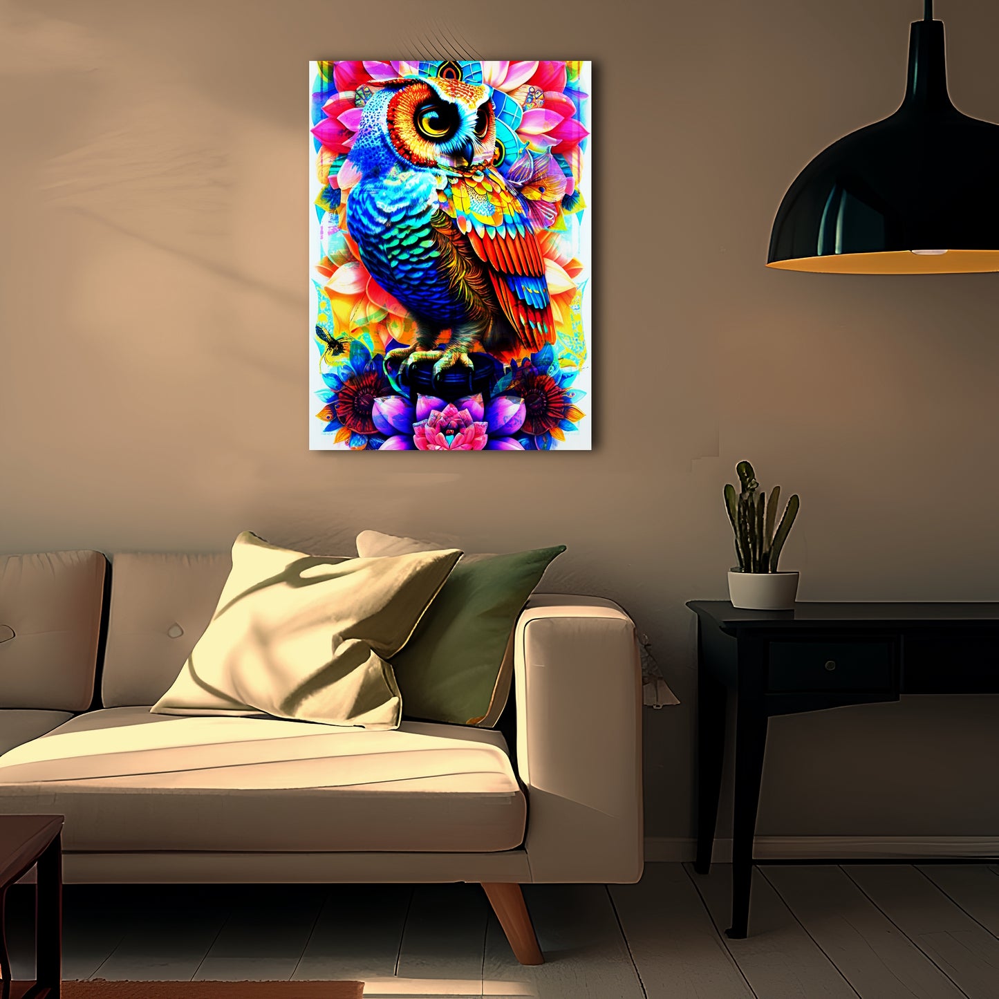 Colorful Owl on Lotus Flower Metal Poster
