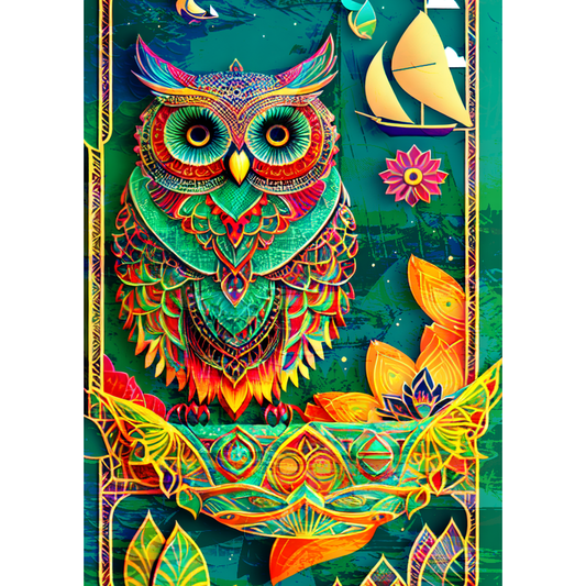 Emerald Owl on a Branch Metal Poster