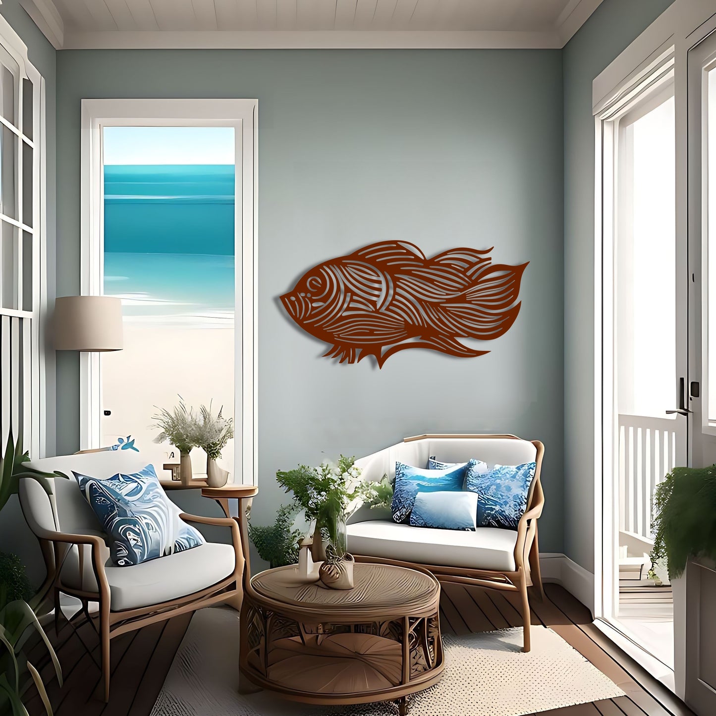 海の流れるライン - 抽象的な魚メタルウォールアート