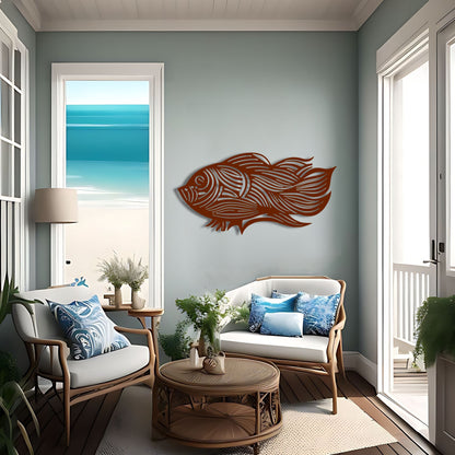 海の流れるライン - 抽象的な魚メタルウォールアート