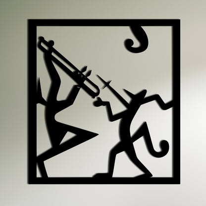 フルートを演奏するココペリ デュオ メタル ウォール アート
