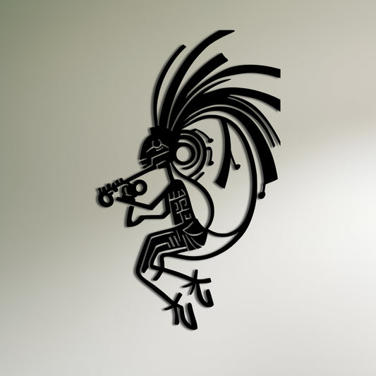 羽のある頭とフルートを持つココペリ - メタルウォールアート