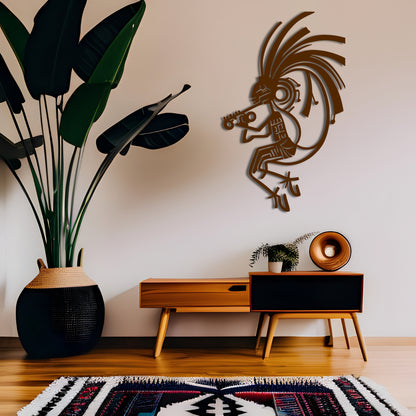 Kokopelli with Feathered Head and Flute - Metal Wall Art