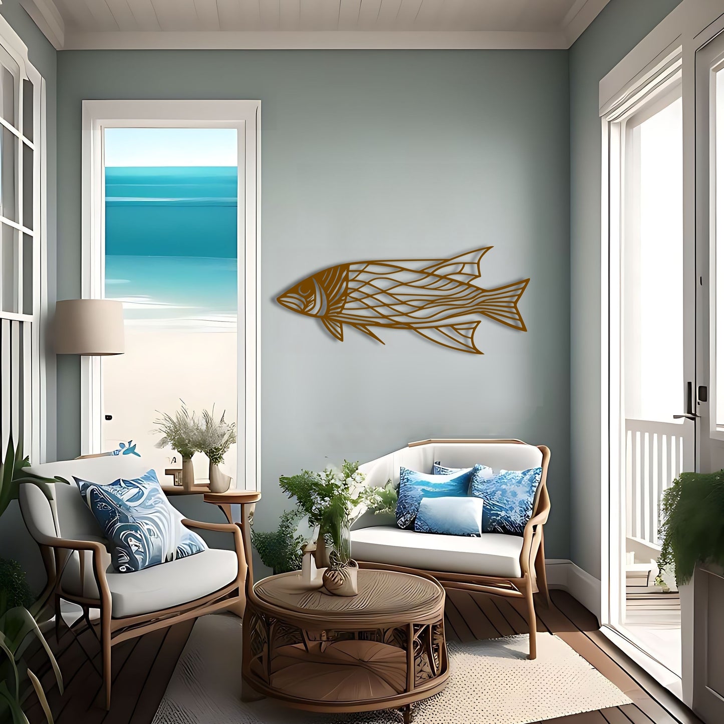 Minimalist Fish Line Art Metal Wall Art for Ocean and Fishing Enthusiasts