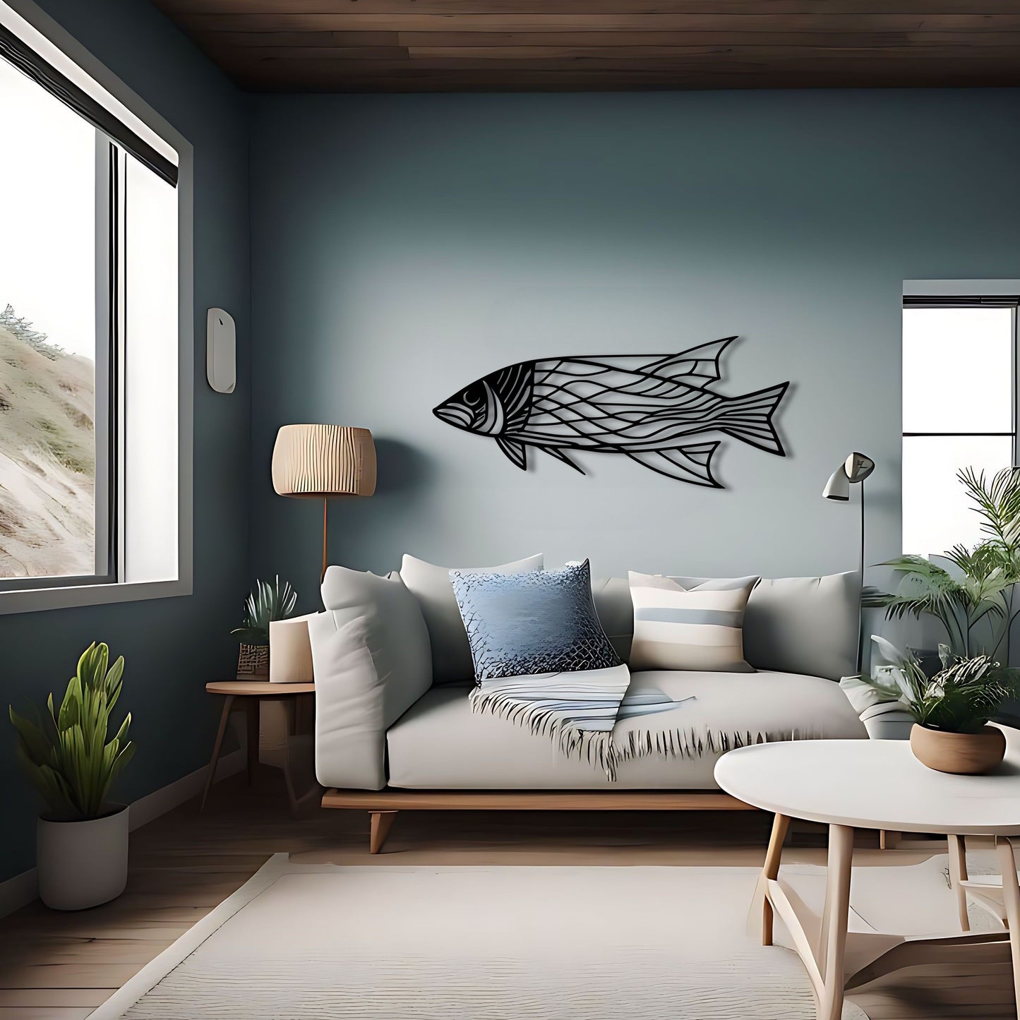 Minimalist Fish Line Art Metal Wall Art for Ocean and Fishing Enthusiasts