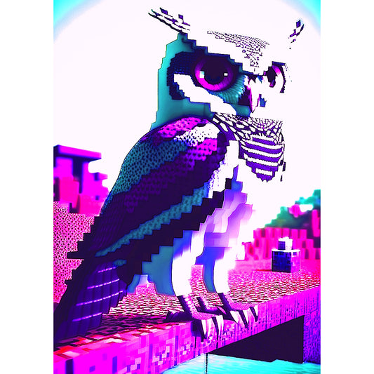 Pixelated Owl on a Brick Structure Metal Poster