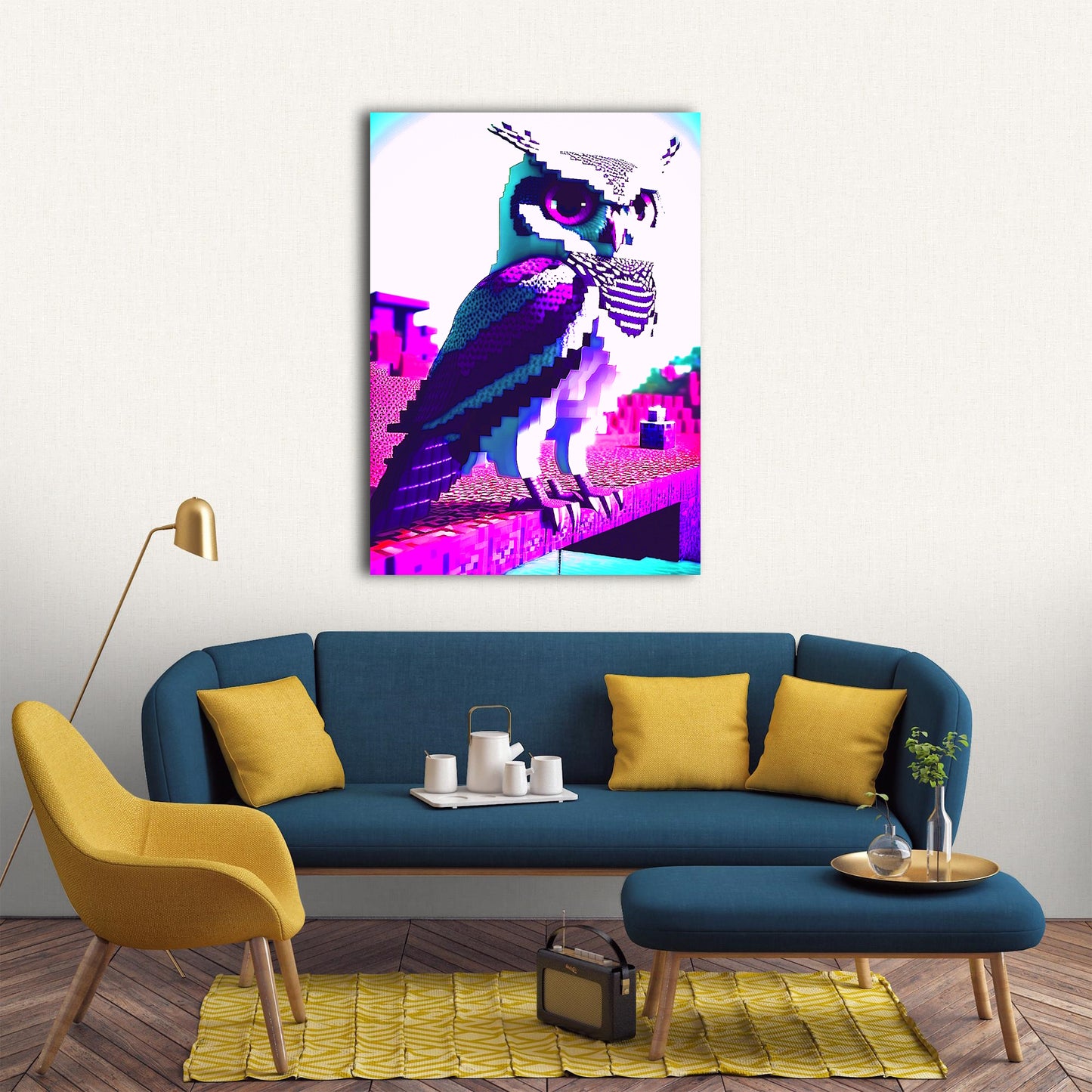 Pixelated Owl on a Brick Structure Metal Poster