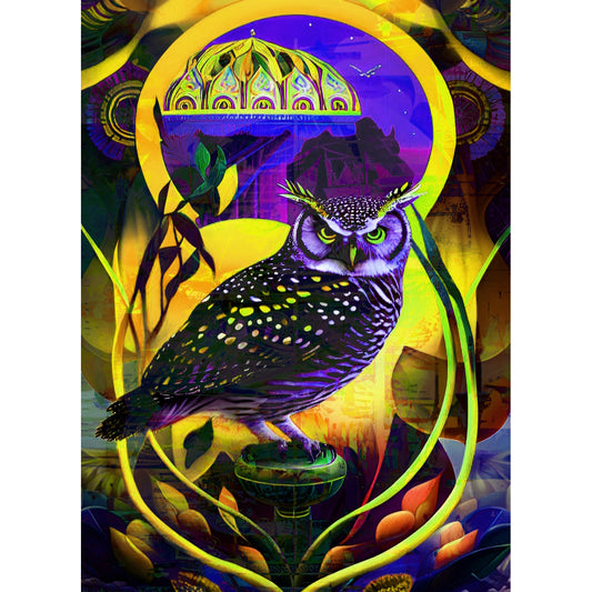 Psychedelic Owl on Art Deco Vase Metal Poster