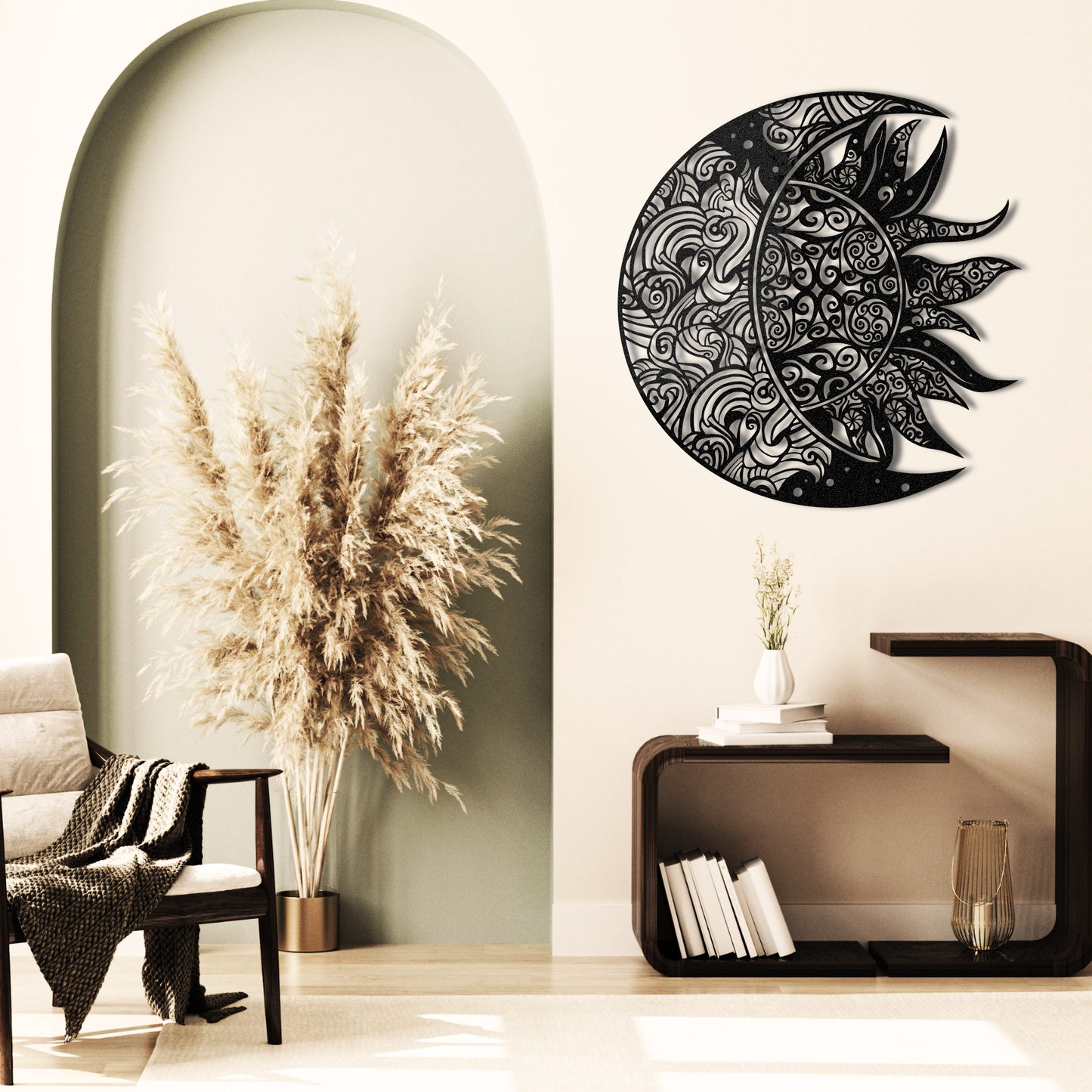 Décoration murale en métal avec mandala soleil et lune complexe