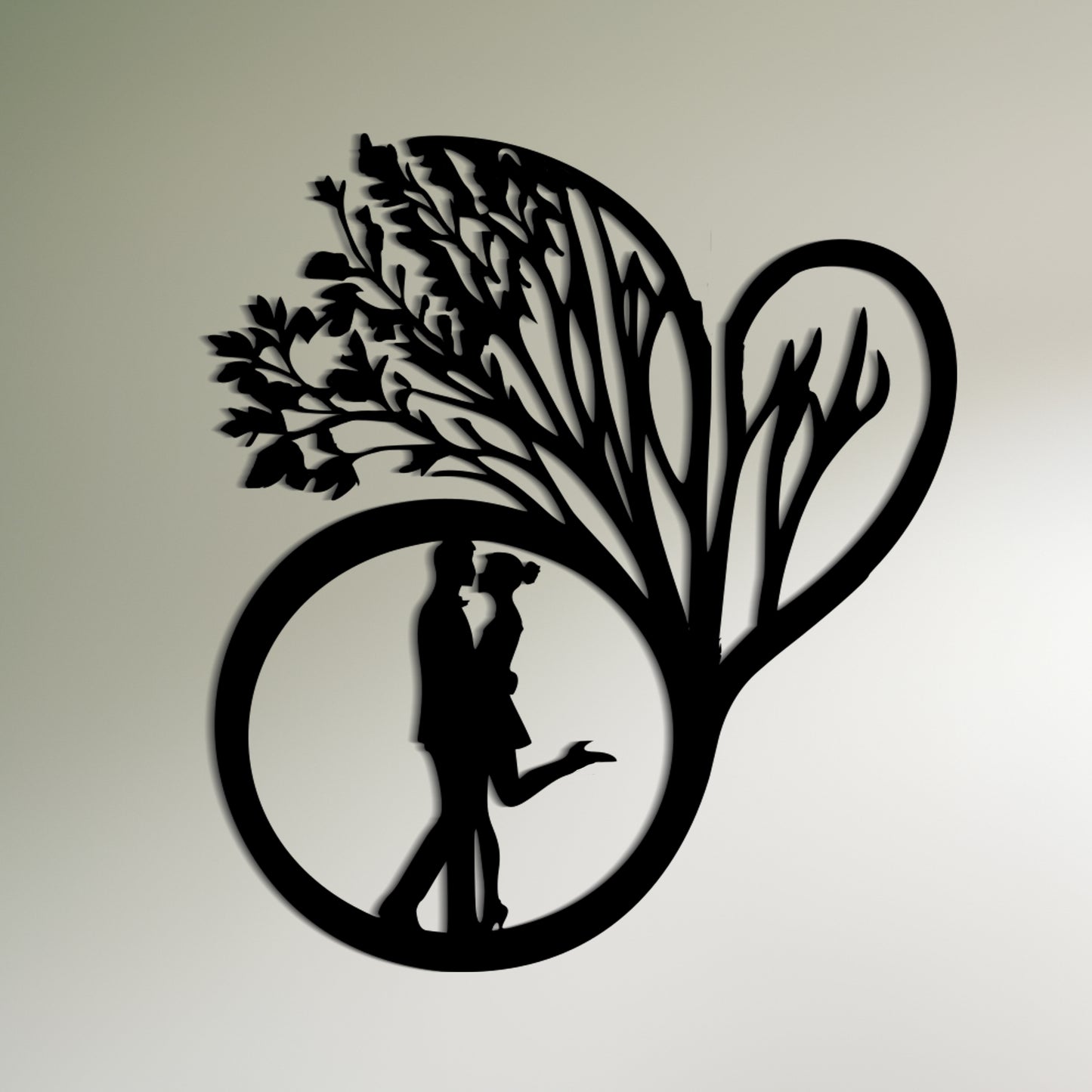 木の下でキスをするカップルのシルエット - ロマンチックな壁の装飾