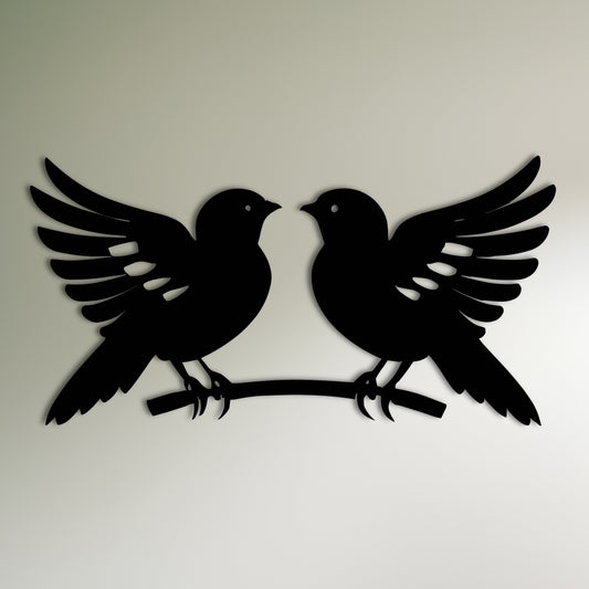 Symmetrical Birds Kissing on Branch Metal Wall Art