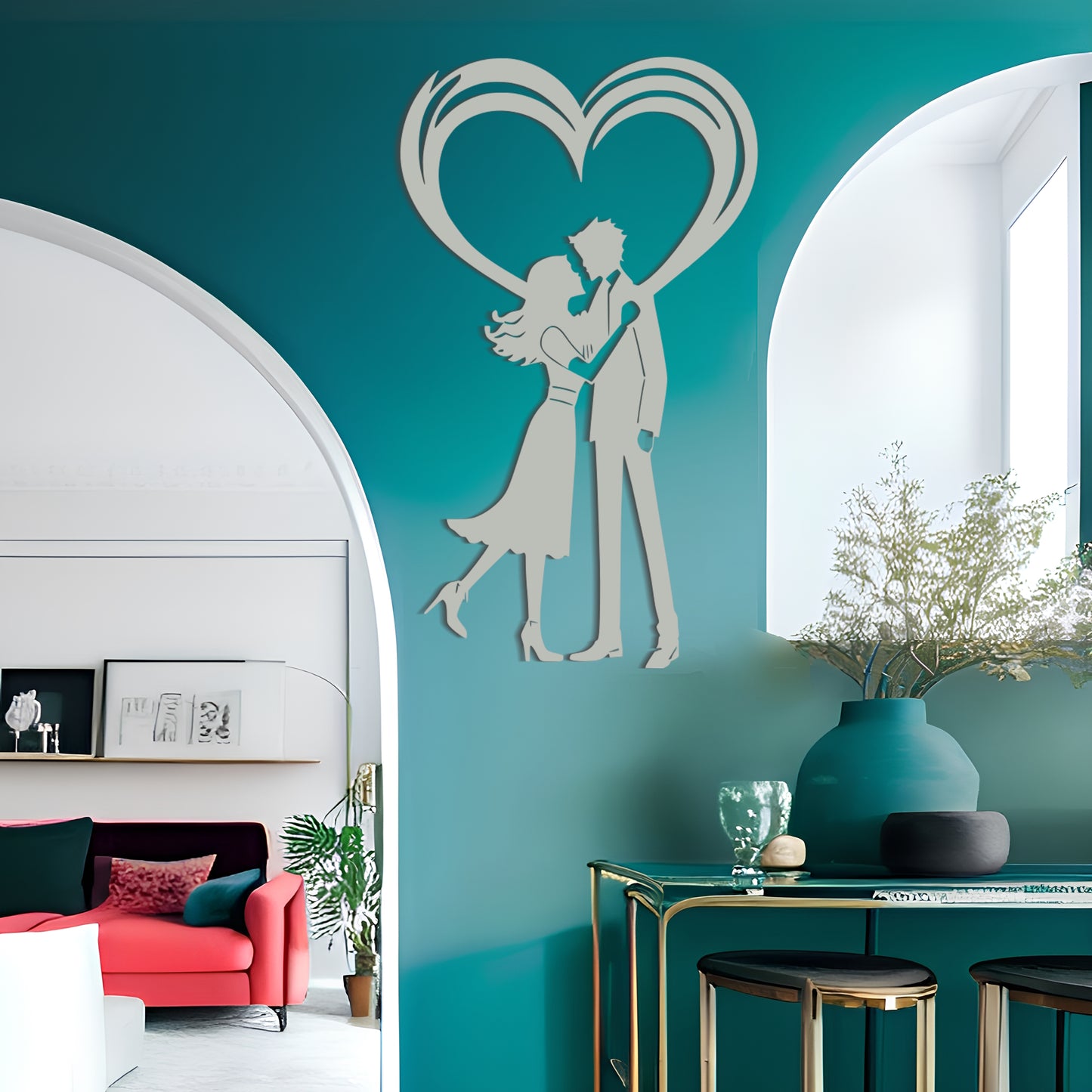 対称的なキスカップルメタルウォールアートロマンチックな家の装飾