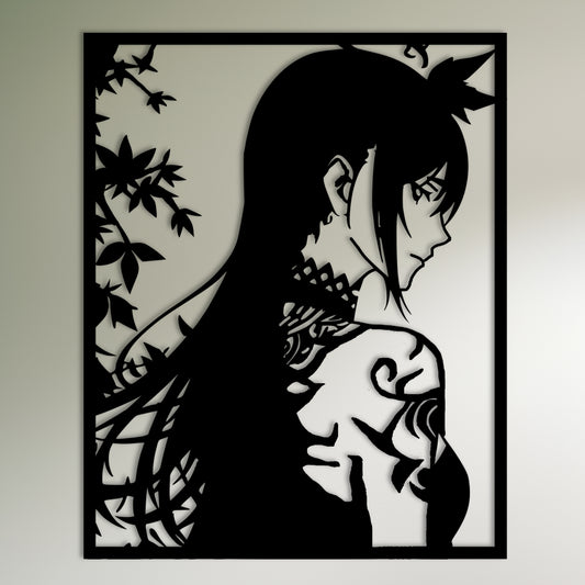 Art mural en métal fantaisiste Anime Girl avec des feuilles