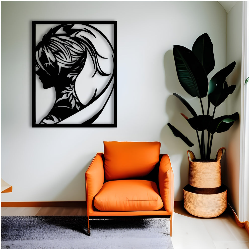 Abstract Anime Girl with Leaves Pattern Metal Wall Art