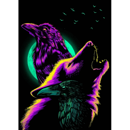 Crows and Wolf Howling at the Moon Metal Poster